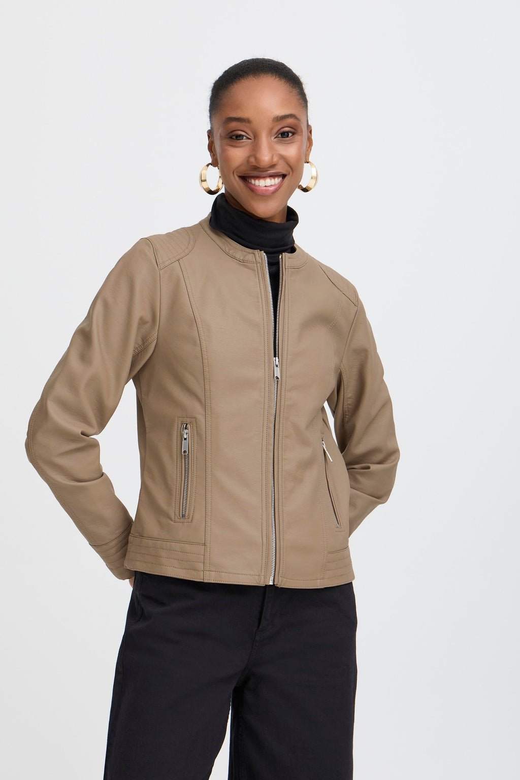 VELLORA KNITWEAR Acom Faux Leather Biker Jacket