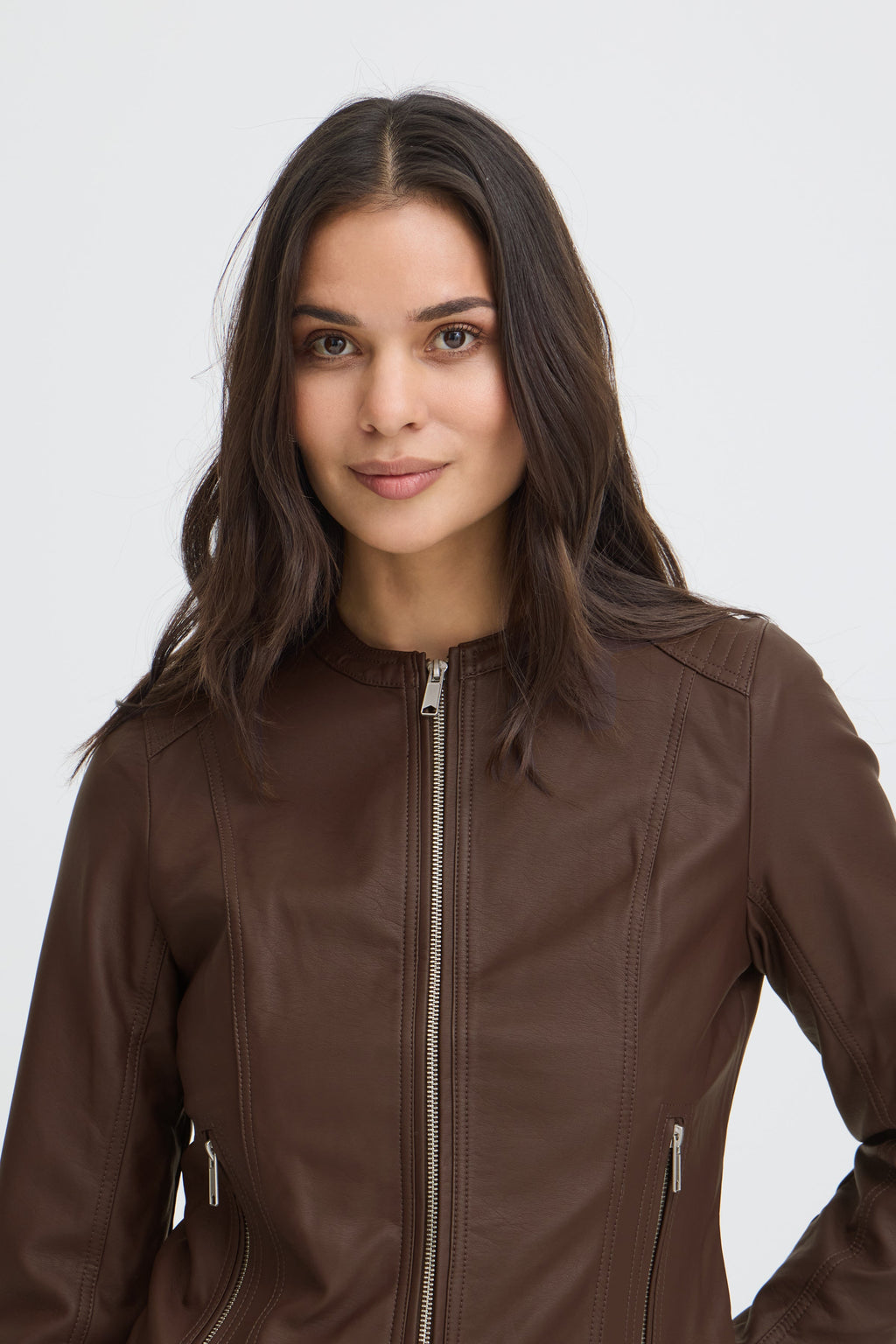 VELLORA KNITWEAR Acom Faux Leather Biker Jacket - Chocolate