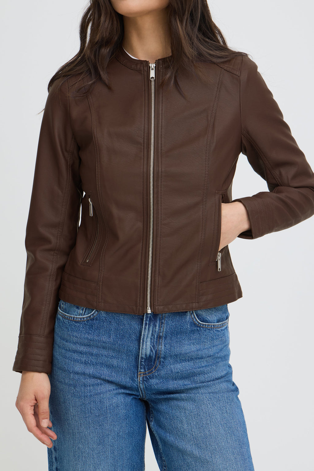 VELLORA KNITWEAR Acom Faux Leather Biker Jacket - Chocolate