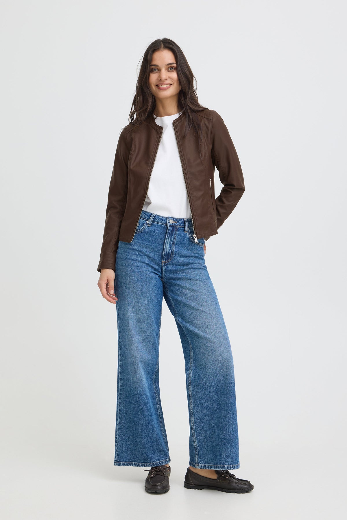VELLORA KNITWEAR Acom Faux Leather Biker Jacket - Chocolate