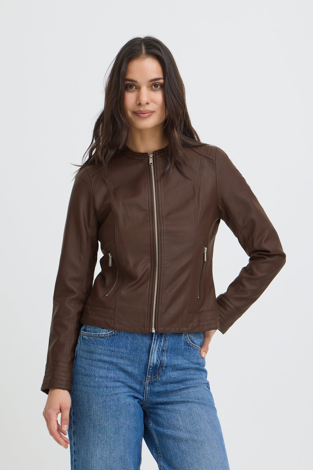 VELLORA KNITWEAR Acom Faux Leather Biker Jacket - Chocolate