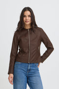 VELLORA KNITWEAR Acom Faux Leather Biker Jacket - Chocolate