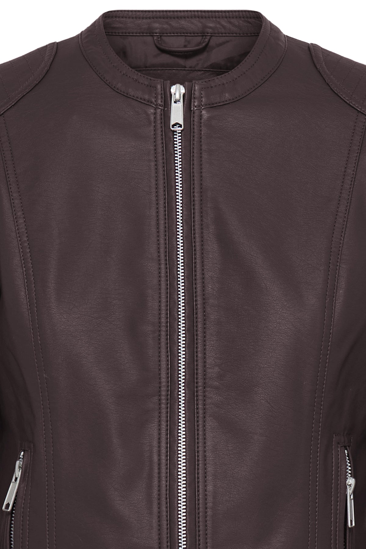 VELLORA KNITWEAR Acom Faux Leather Biker Jacket - Chocolate