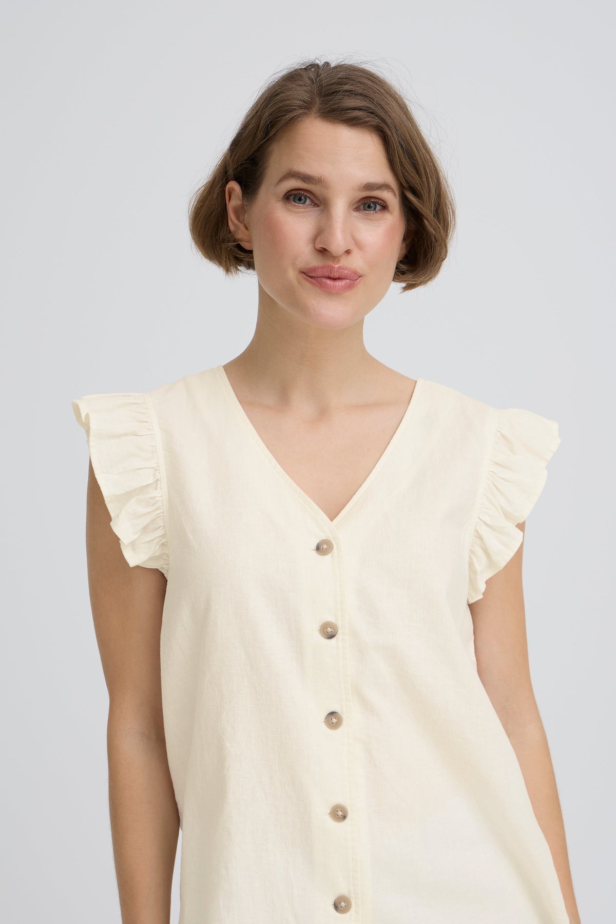 VELLORA KNITWEAR Falakka Ruffle Sleeve Button Front Blouse - Cream