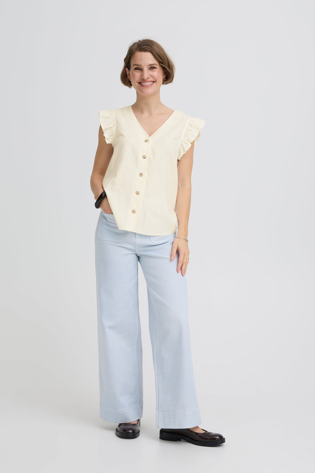 VELLORA KNITWEAR Falakka Ruffle Sleeve Button Front Blouse - Cream
