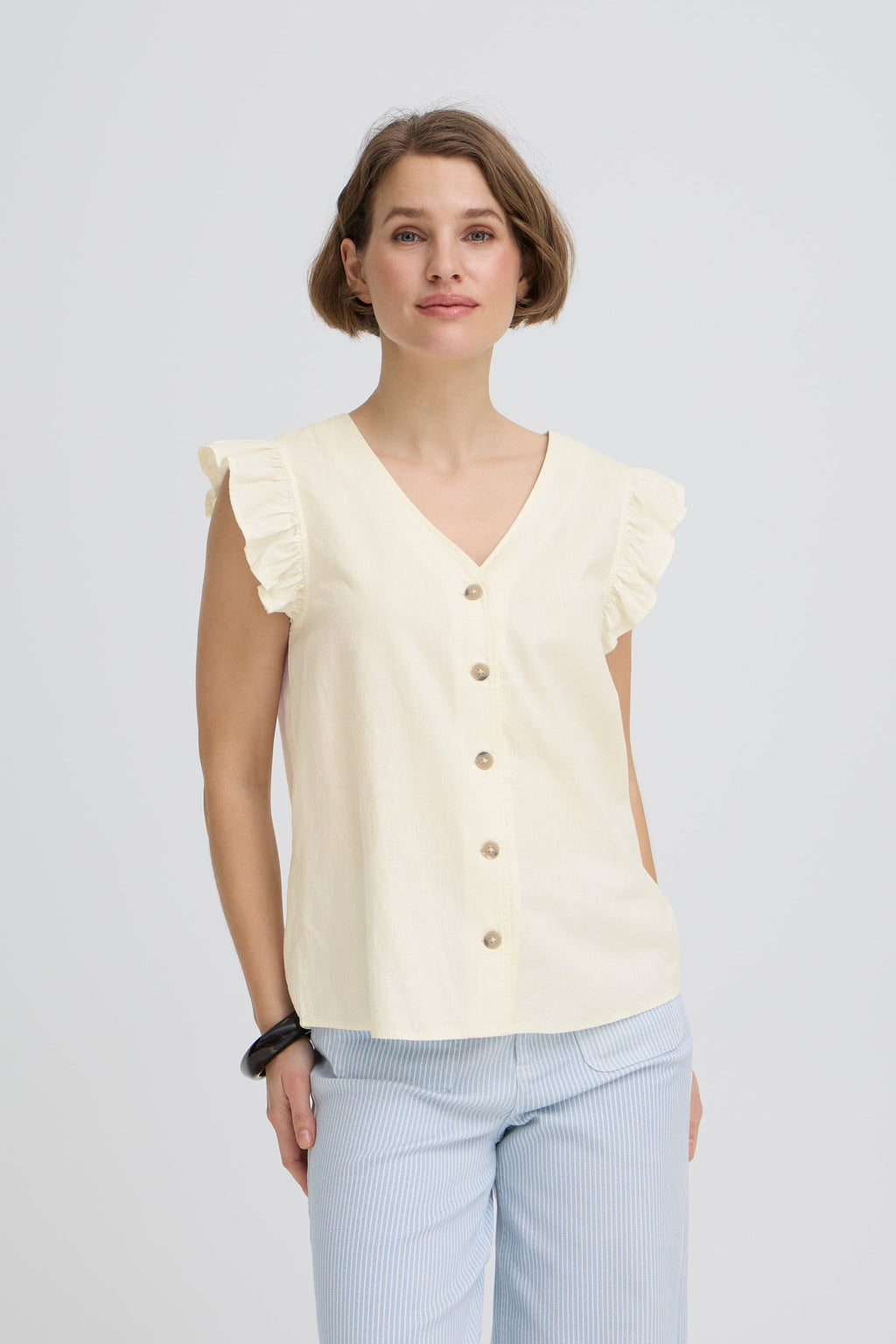 VELLORA KNITWEAR Falakka Ruffle Sleeve Button Front Blouse - Cream