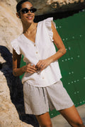 VELLORA KNITWEAR Falakka Ruffle Sleeve Button Front Blouse - Cream
