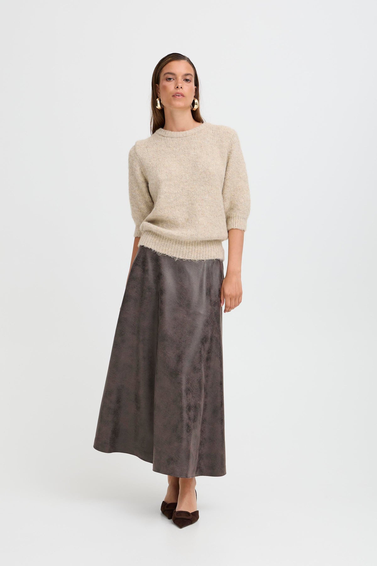 VELLORA KNITWEAR Dimion Faux Leather Midi Skirt