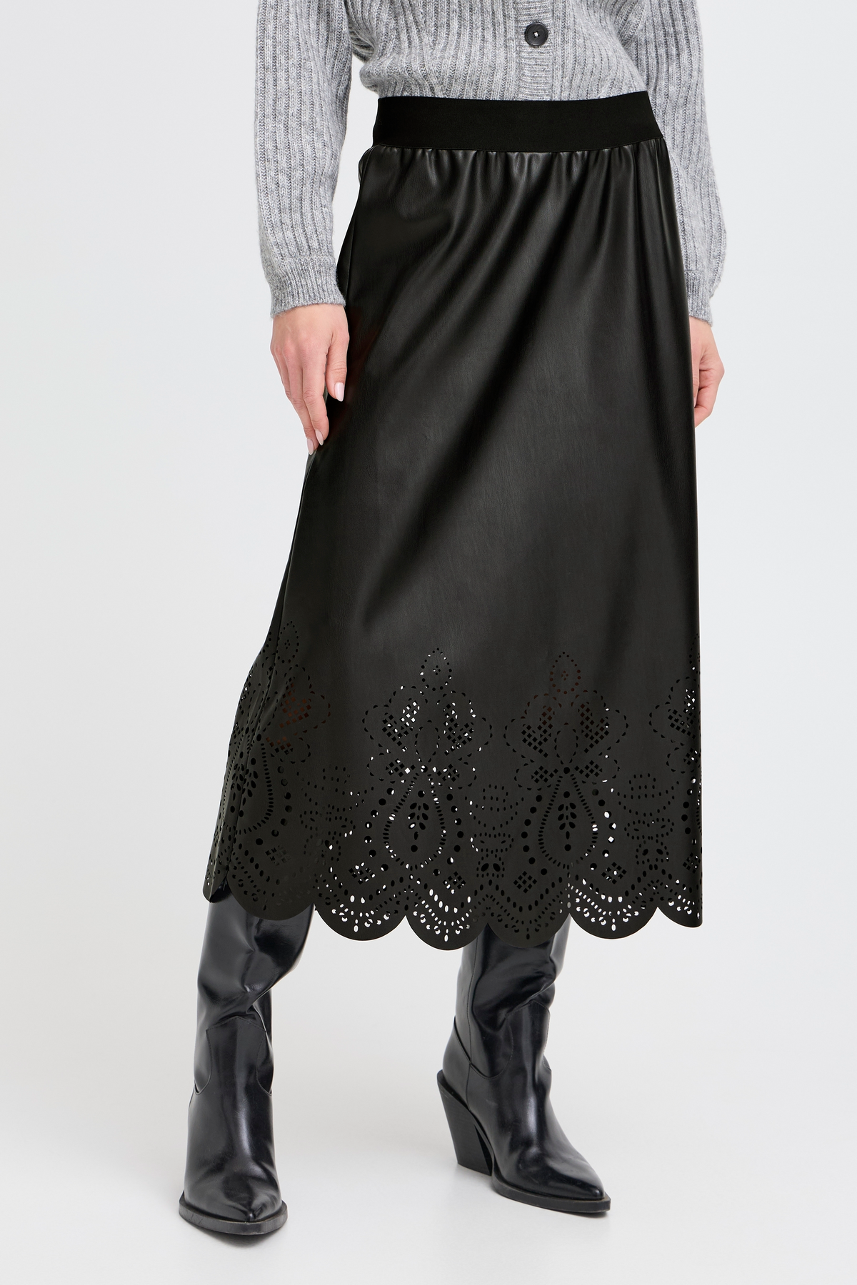 VELLORA KNITWEAR Densio Faux Leather Lasercut Skirt