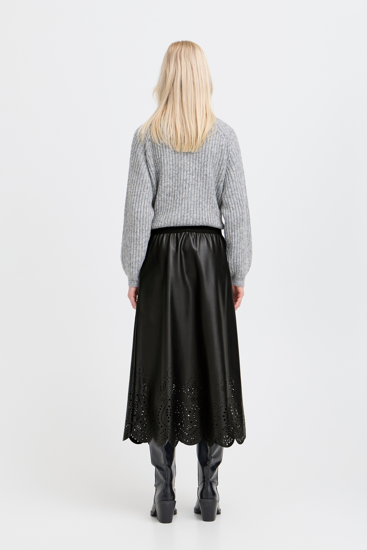 VELLORA KNITWEAR Densio Faux Leather Lasercut Skirt