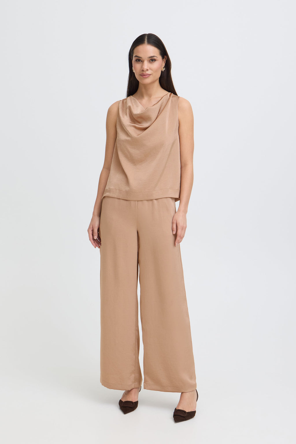 VELLORA KNITWEAR Dacanna Satin Cowl Neck Sleeveless Top