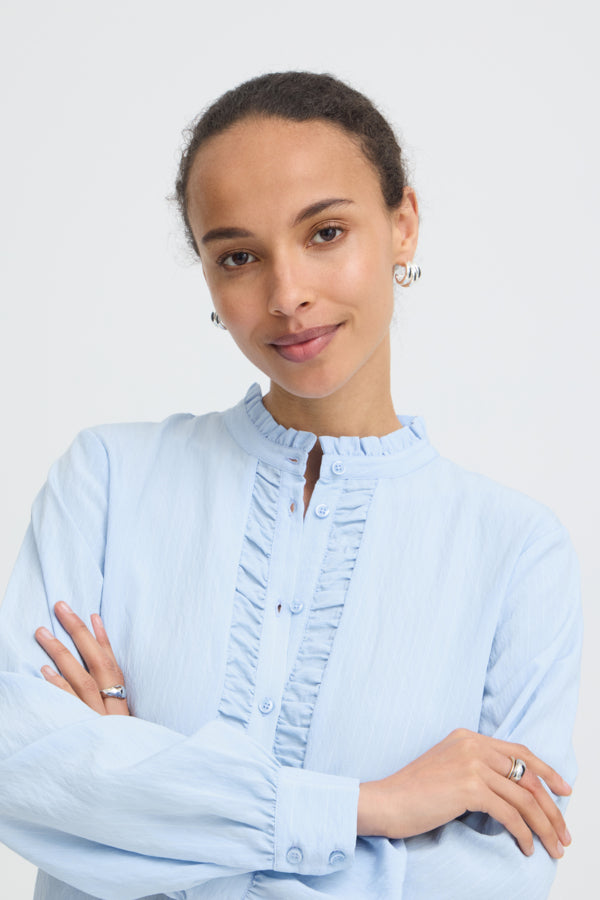 VELLORA KNITWEAR Flavie Ruffle Front Button Shirt