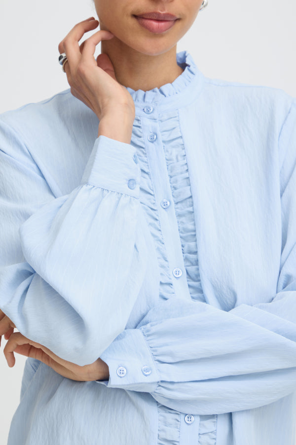 VELLORA KNITWEAR Flavie Ruffle Front Button Shirt