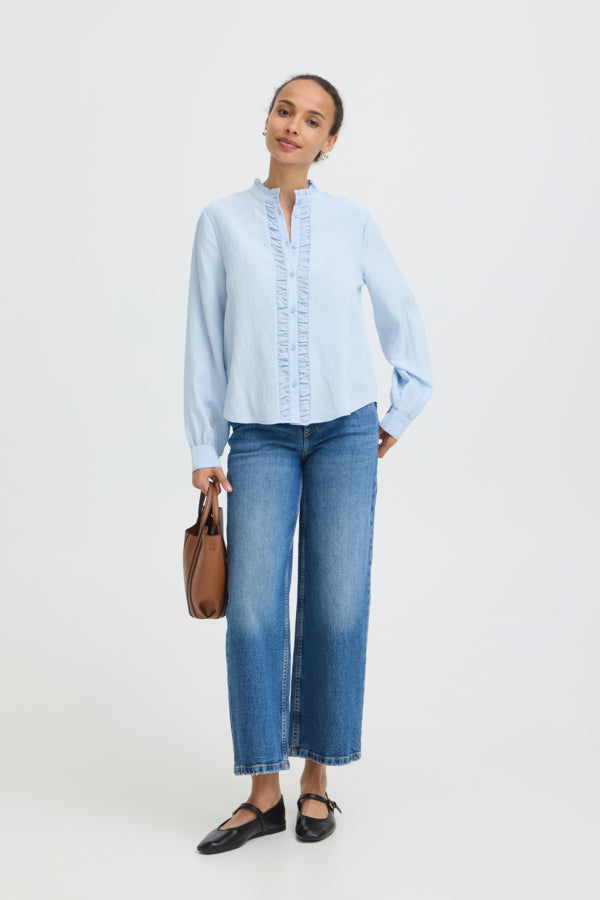 VELLORA KNITWEAR Flavie Ruffle Front Button Shirt