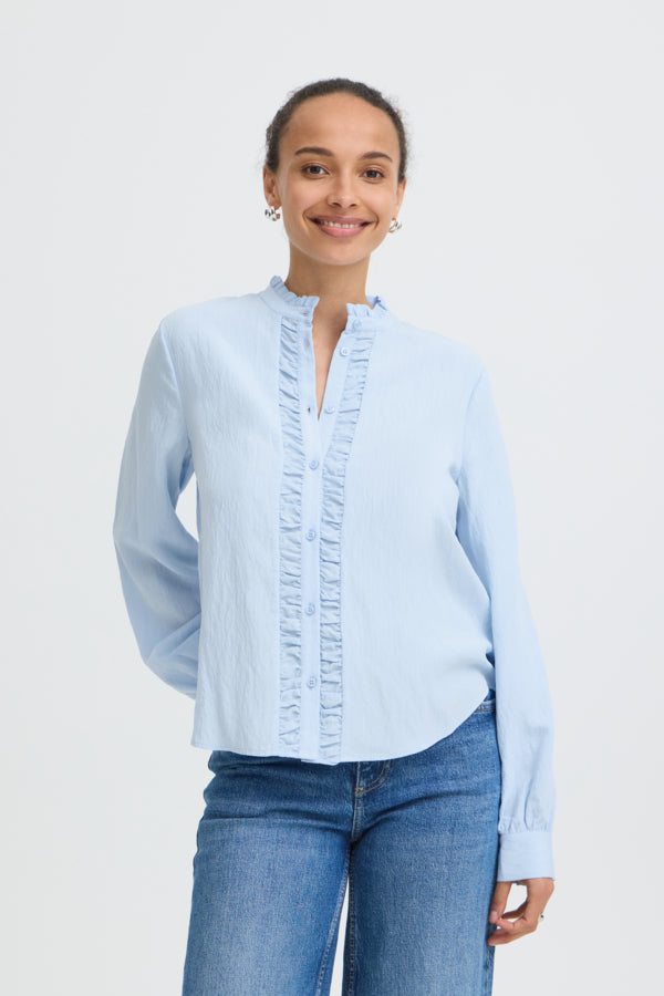 VELLORA KNITWEAR Flavie Ruffle Front Button Shirt