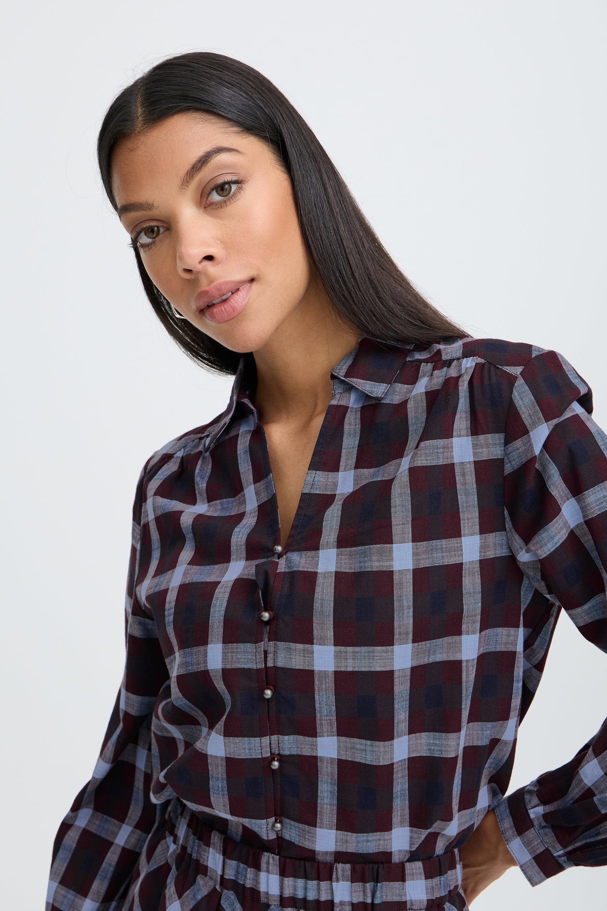 VELLORA KNITWEAR Flanny Check V-Neck Button Through Shirt